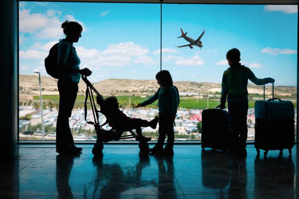 mother with kids and luggage looking at planes in airport, family travel